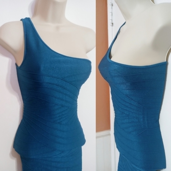 Bebe One Shoulder Bodycon Dress Aqua Knit Small - Picture 3 of 11